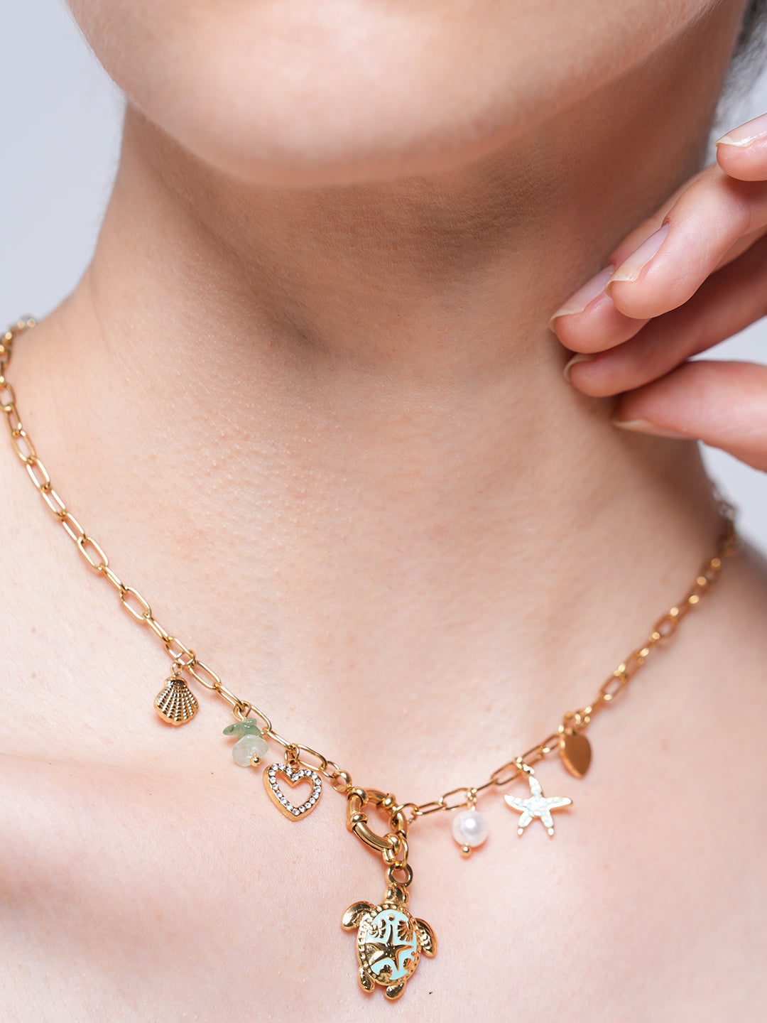 Chain Enameled Starfish Shell Pearl Charms Necklace