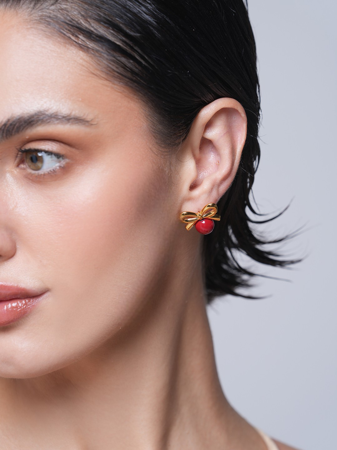 Glass Stone Pearl Bow Earrings