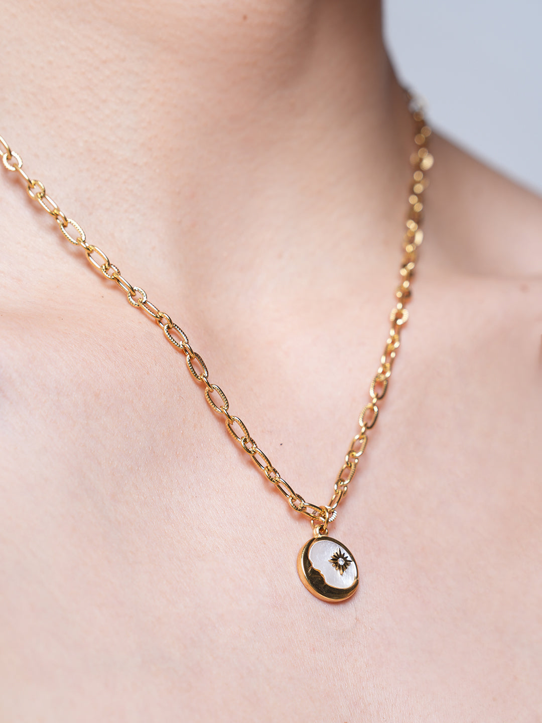 Sun Moon Stars Round Coin Pendant Necklace
