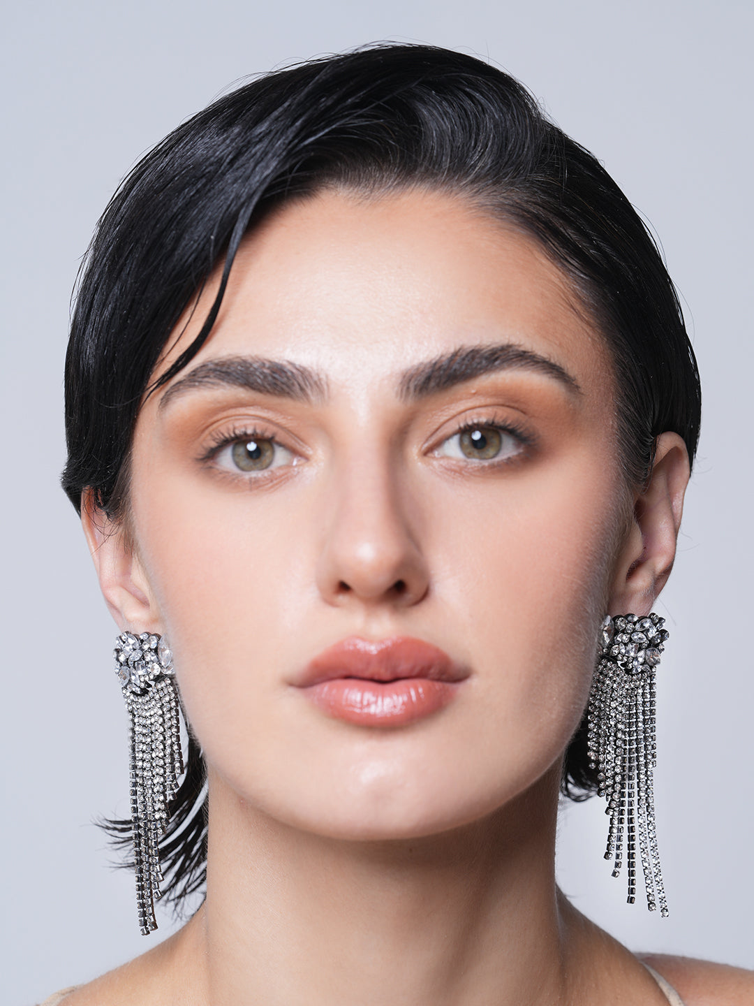 Silver Rhinestone Tassel Earrings