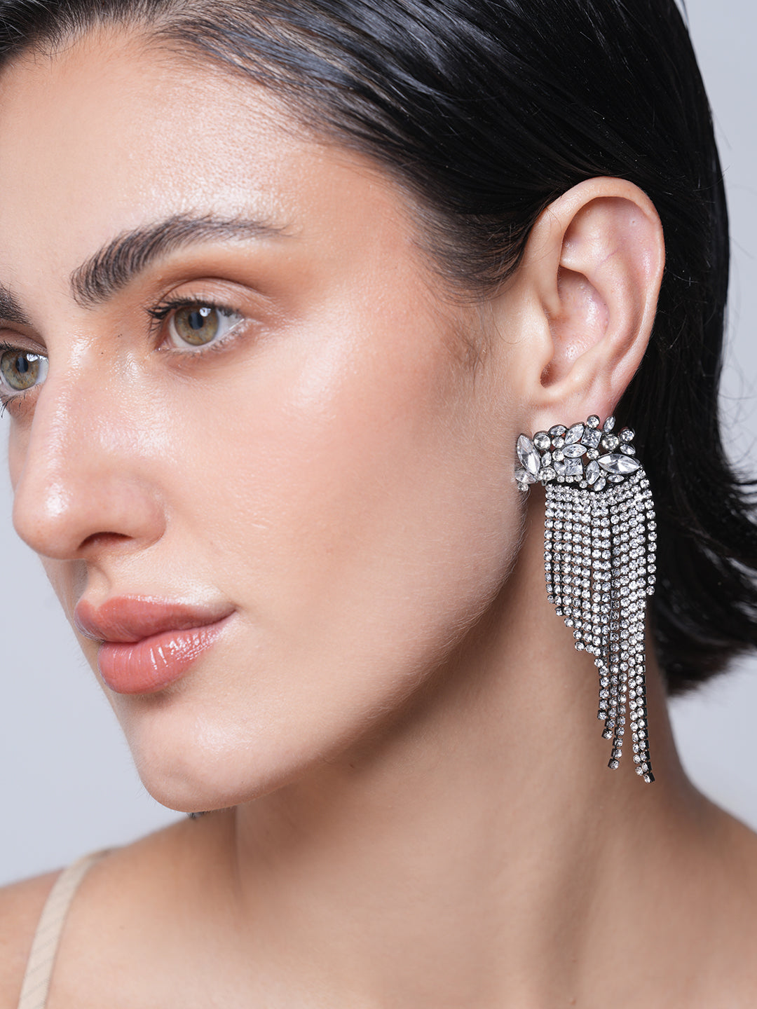 Silver Rhinestone Tassel Earrings