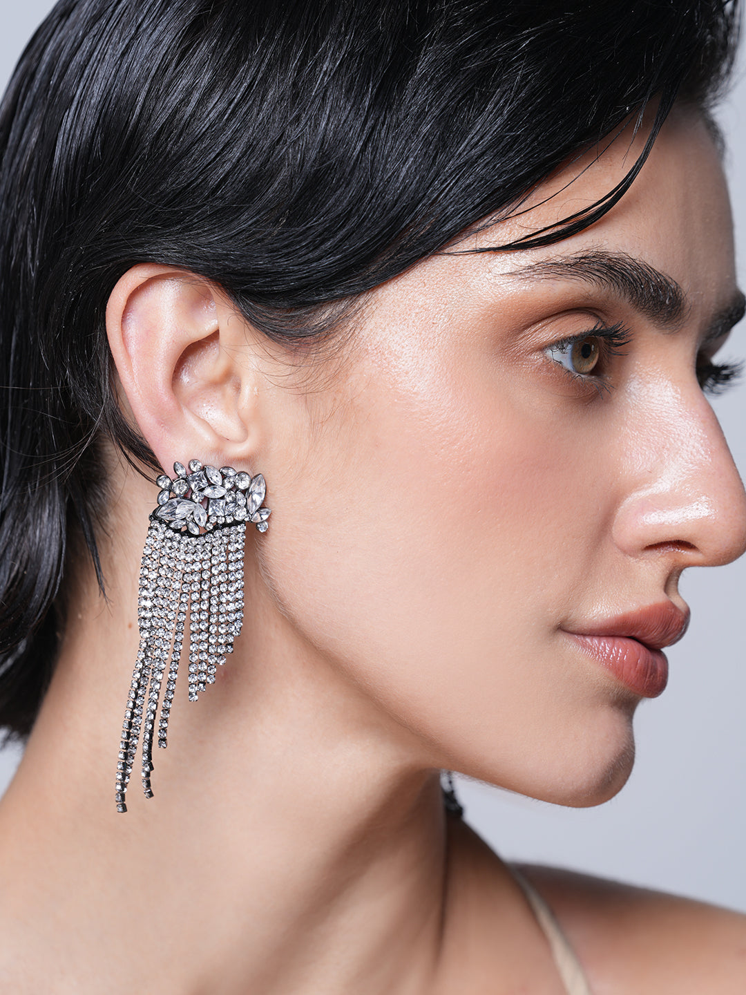 Silver Rhinestone Tassel Earrings
