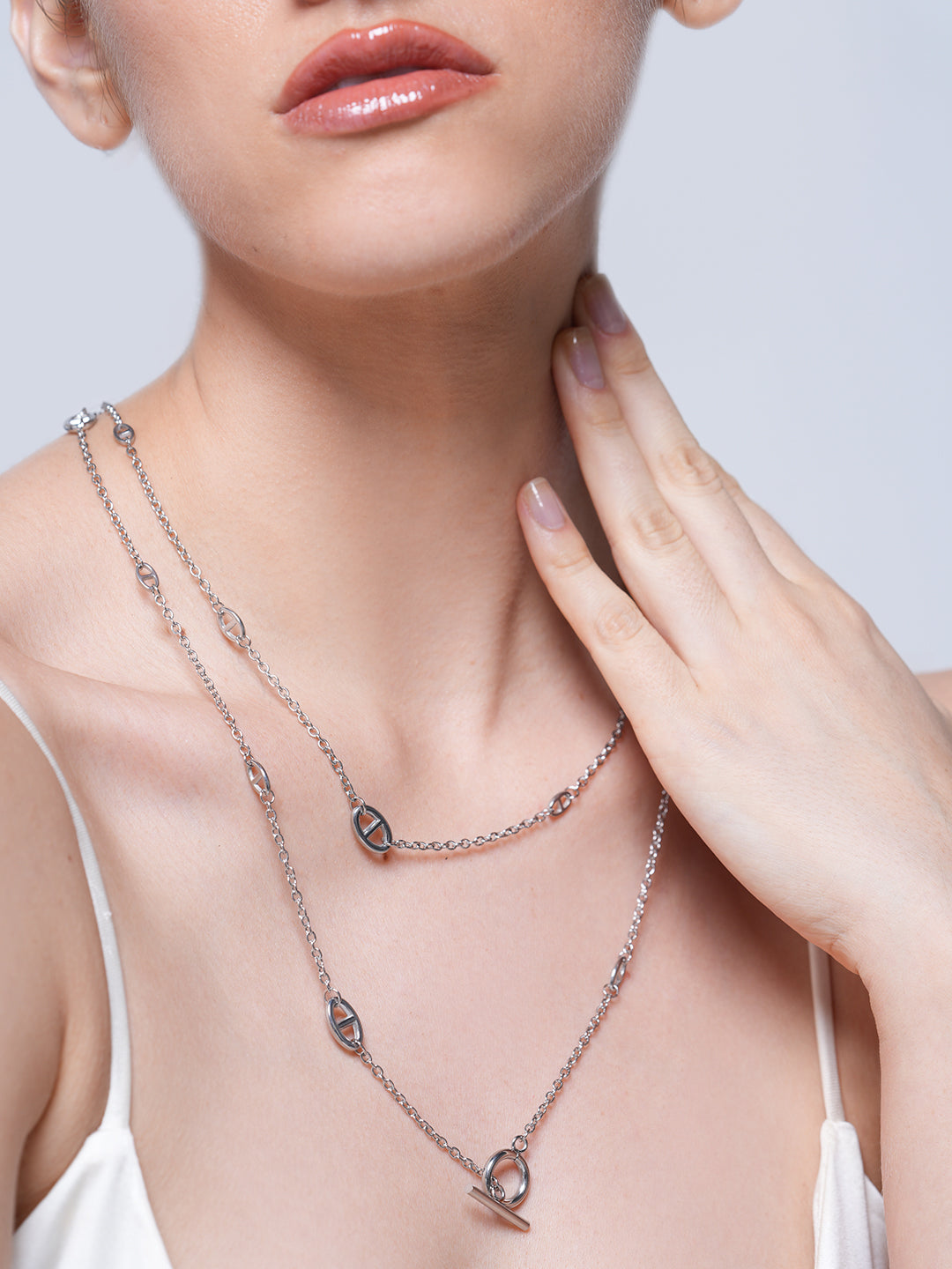 Pig Nose Charm Silver Long Chain