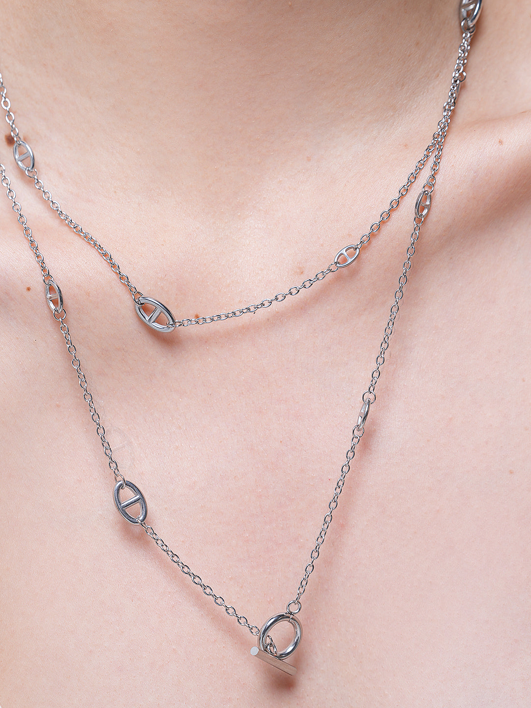 Pig Nose Charm Silver Long Chain