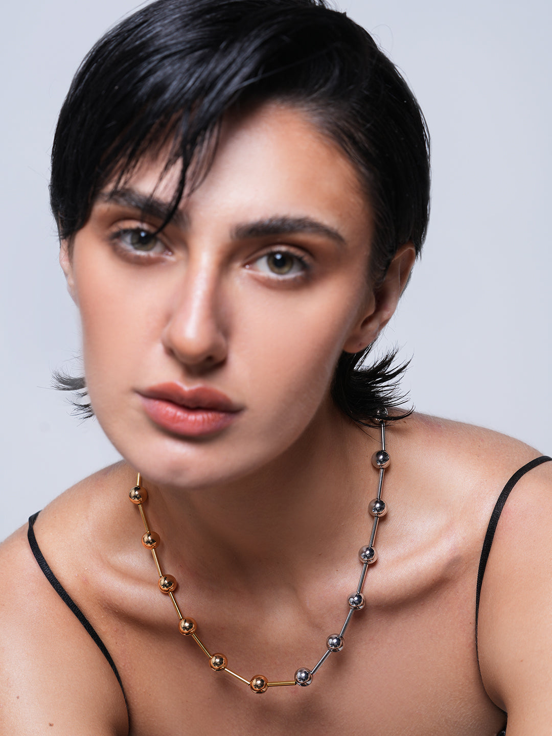 Gold Silver Color Block Steel Ball Necklace