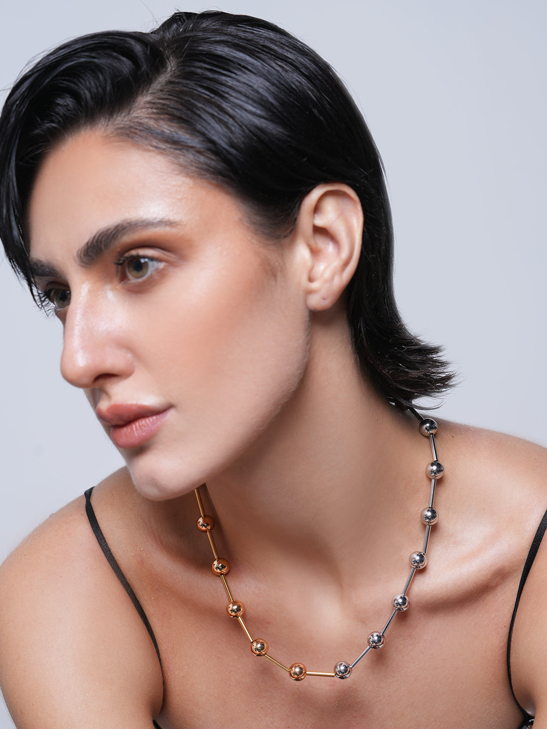 Gold Silver Color Block Steel Ball Necklace