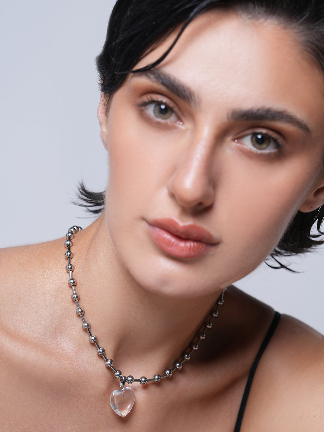 Silver Transparent Glass Heart Pendant Necklace