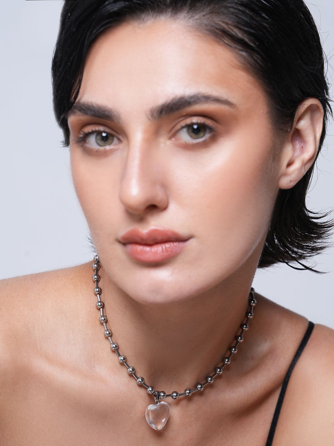 Silver Transparent Glass Heart Pendant Necklace