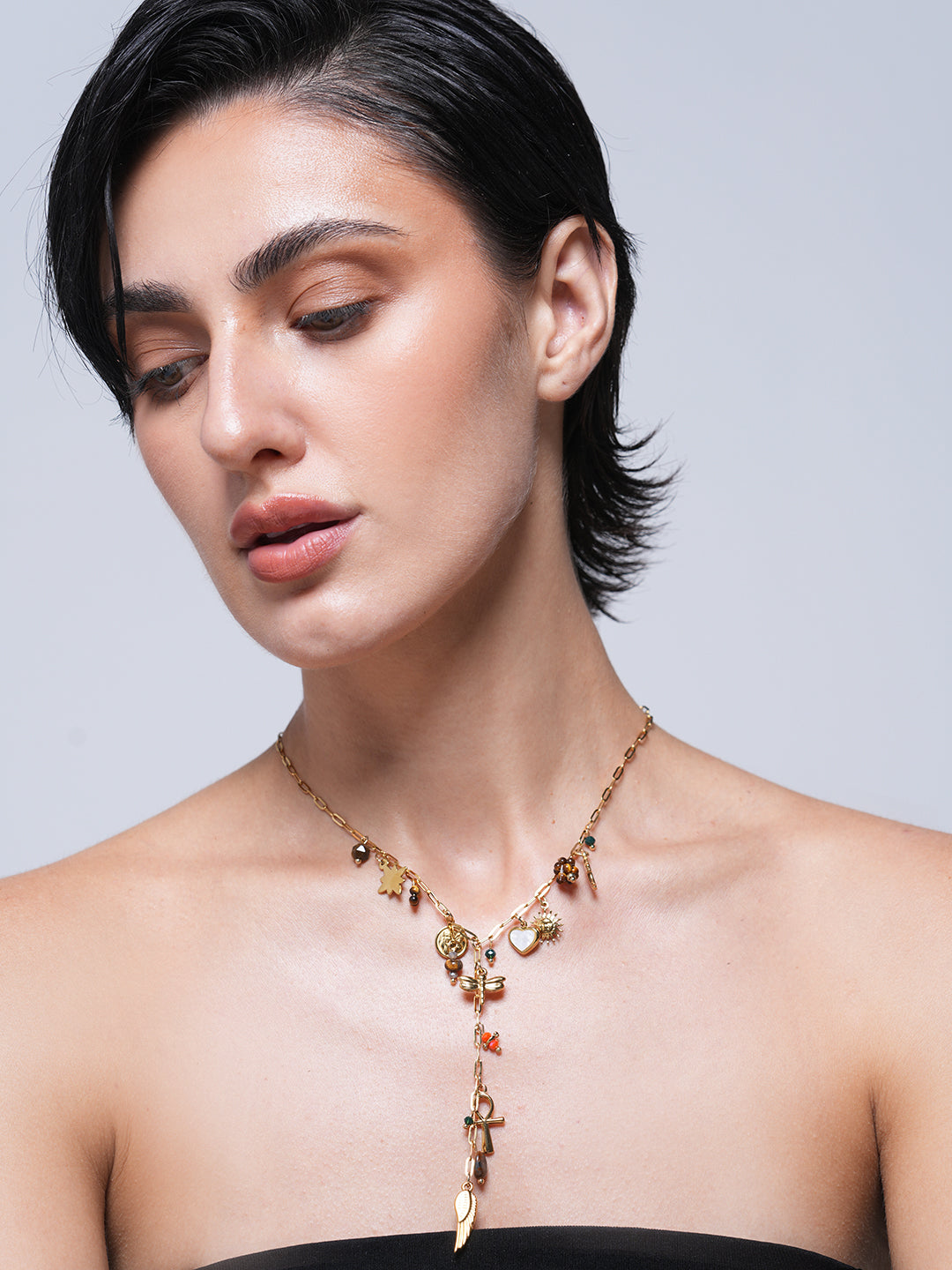 Wing Cross Heart Tiger Stone Pendant Necklace