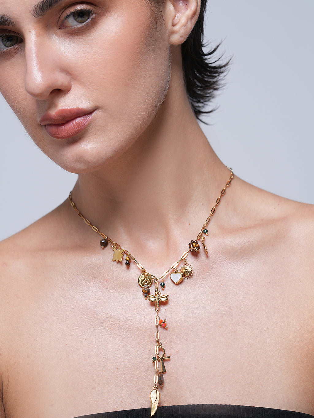 Wing Cross Heart Tiger Stone Pendant Necklace