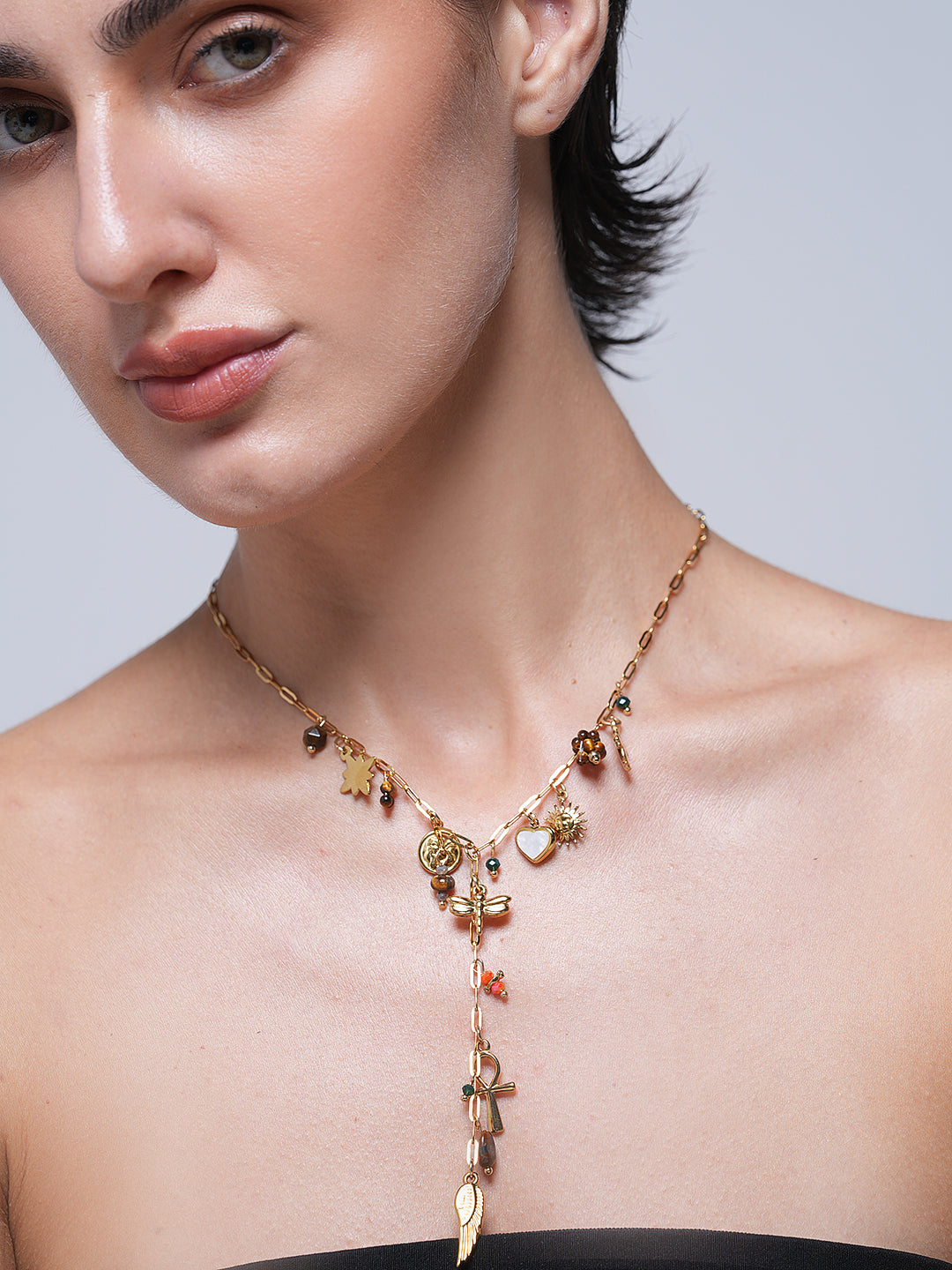 Wing Cross Heart Tiger Stone Pendant Necklace