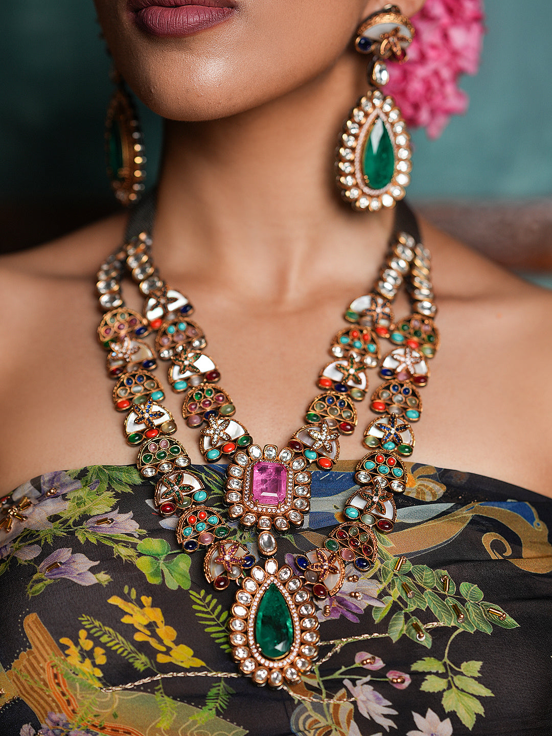 Premium Navrattan Double Layered Necklace