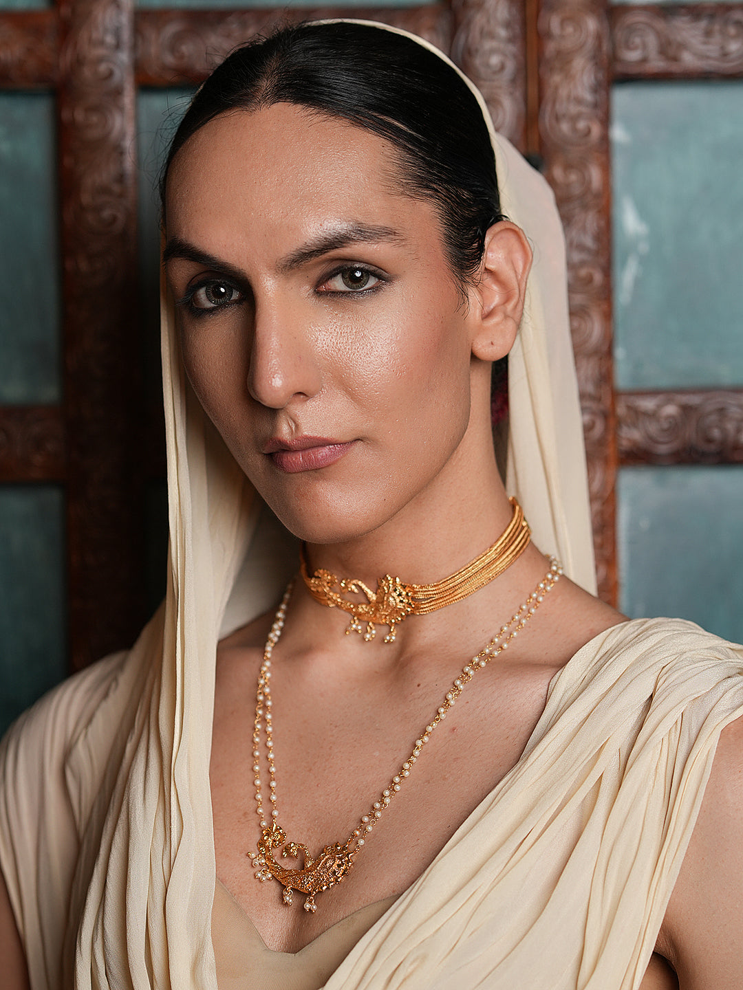 Gold Polished Choker with Long Necklace