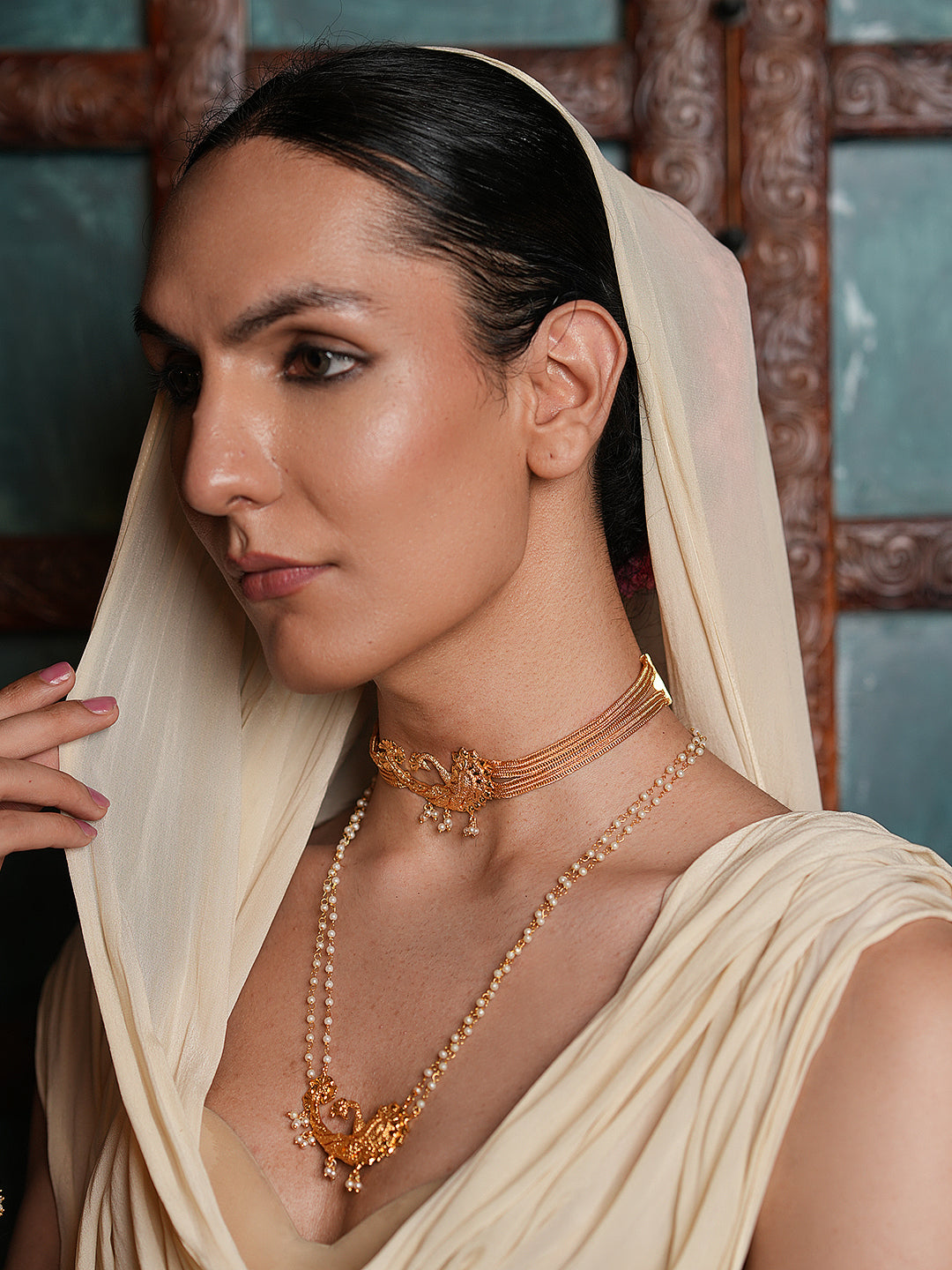 Gold Polished Choker with Long Necklace