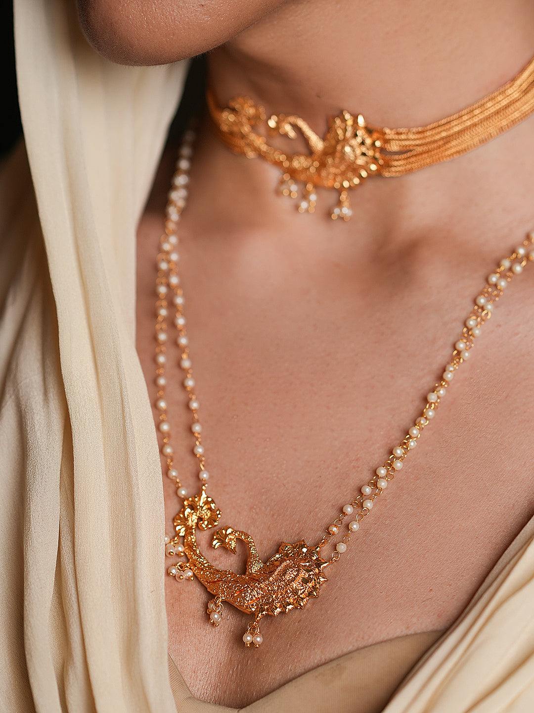 Gold Polished Choker with Long Necklace