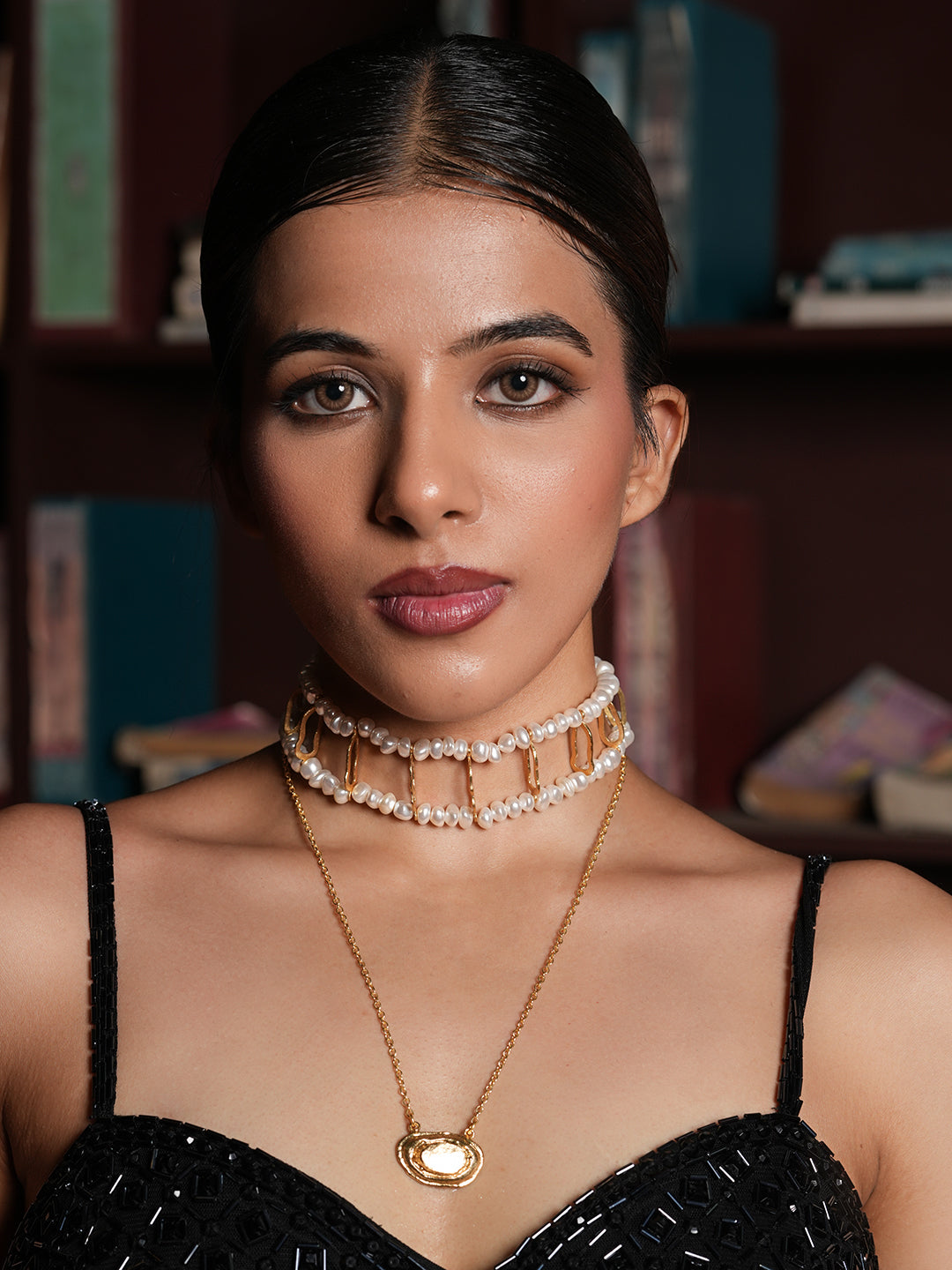 Pearl Grid Choker with Long Necklace