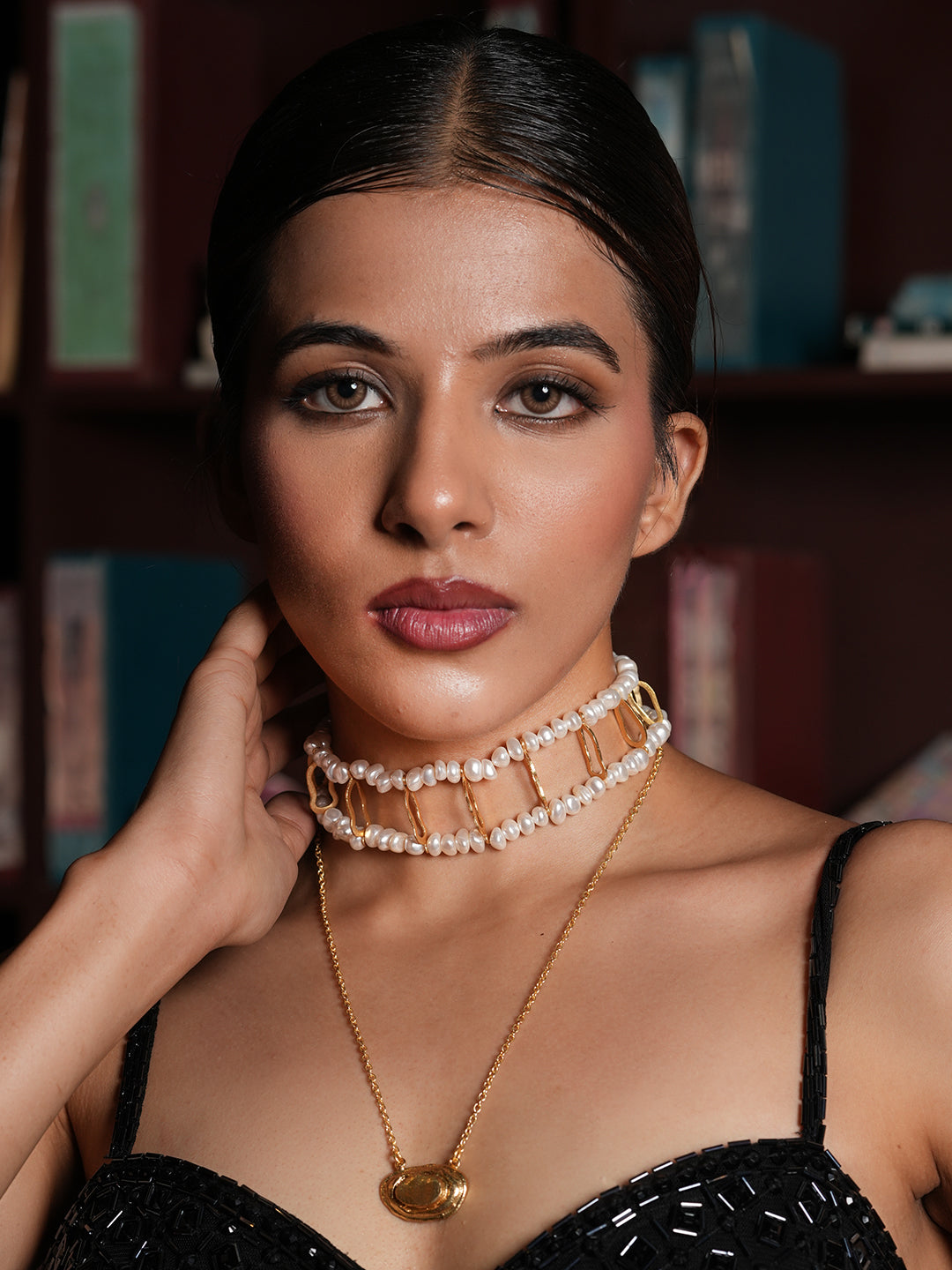 Pearl Grid Choker with Long Necklace