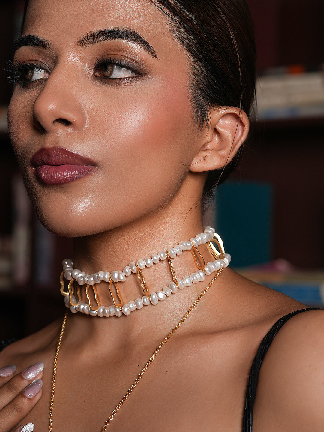 Pearl Grid Choker with Long Necklace