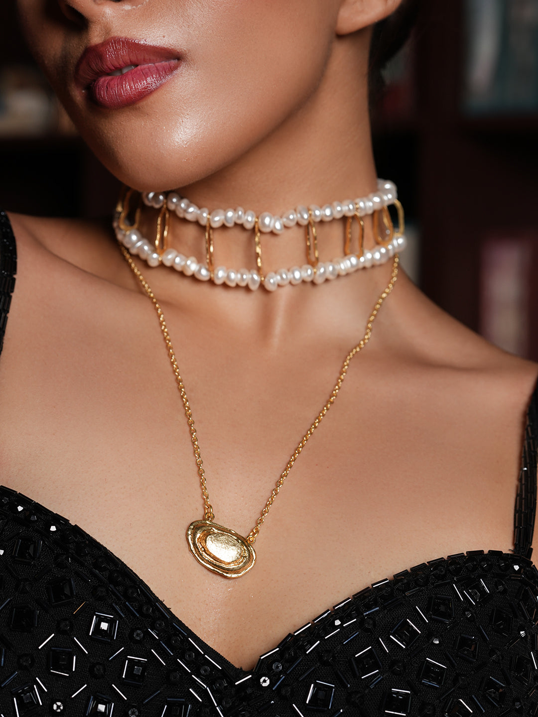 Pearl Grid Choker with Long Necklace