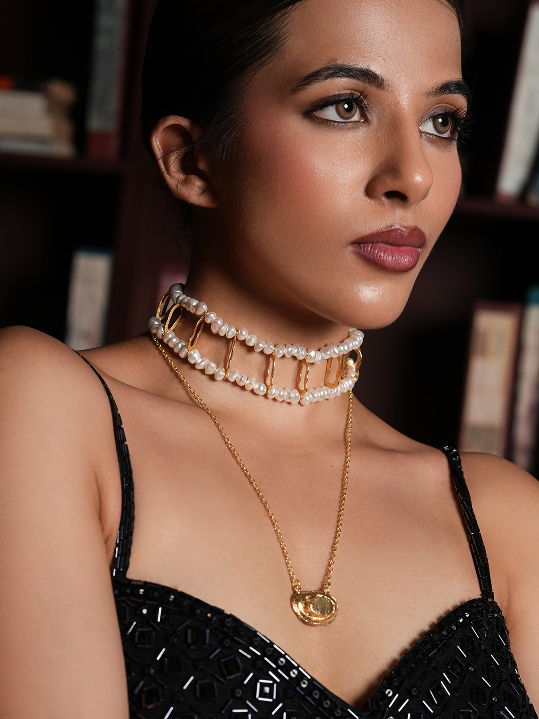 Pearl Grid Choker with Long Necklace