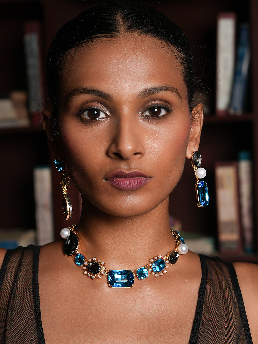 Pearl with Blue Rhinestones Premium Necklace