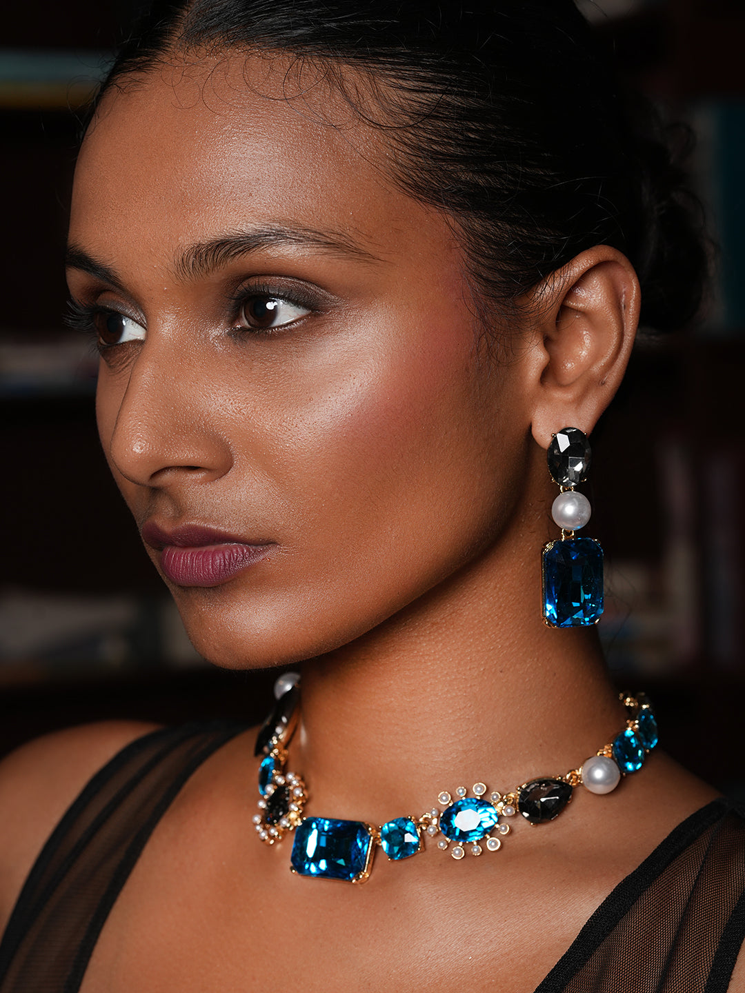 Pearl with Blue Rhinestones Premium Necklace