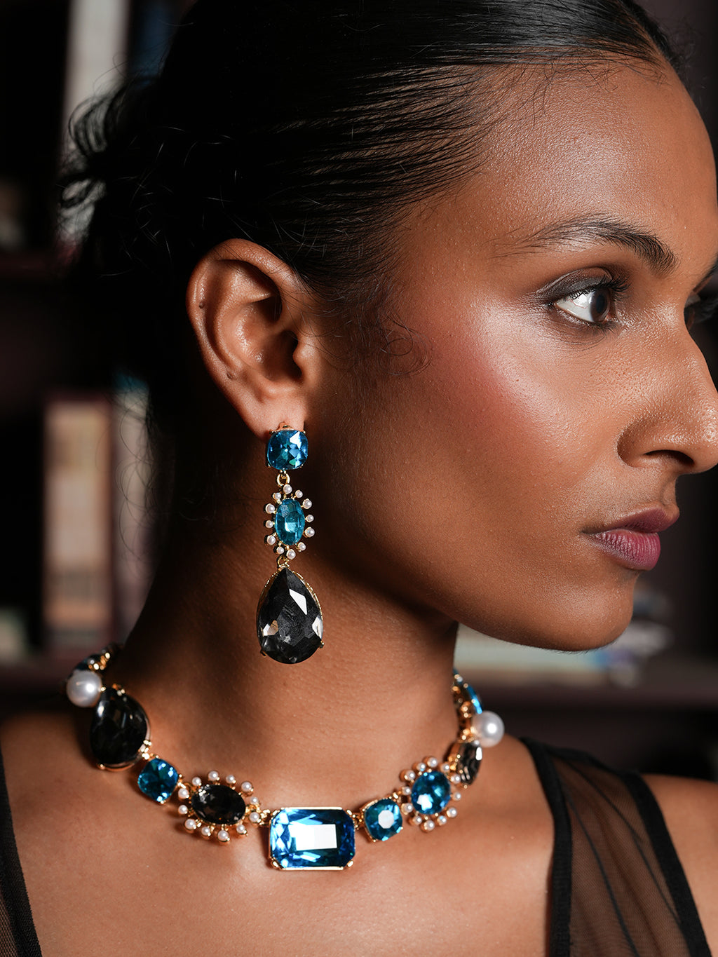 Pearl with Blue Rhinestones Premium Necklace