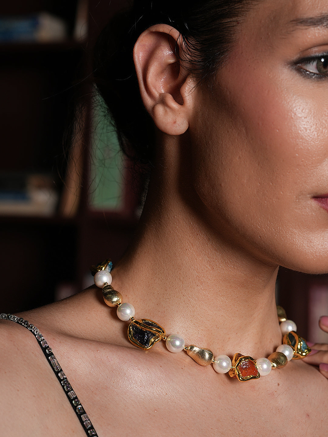 Tourmaline Carnelian Shell Pearl Necklace