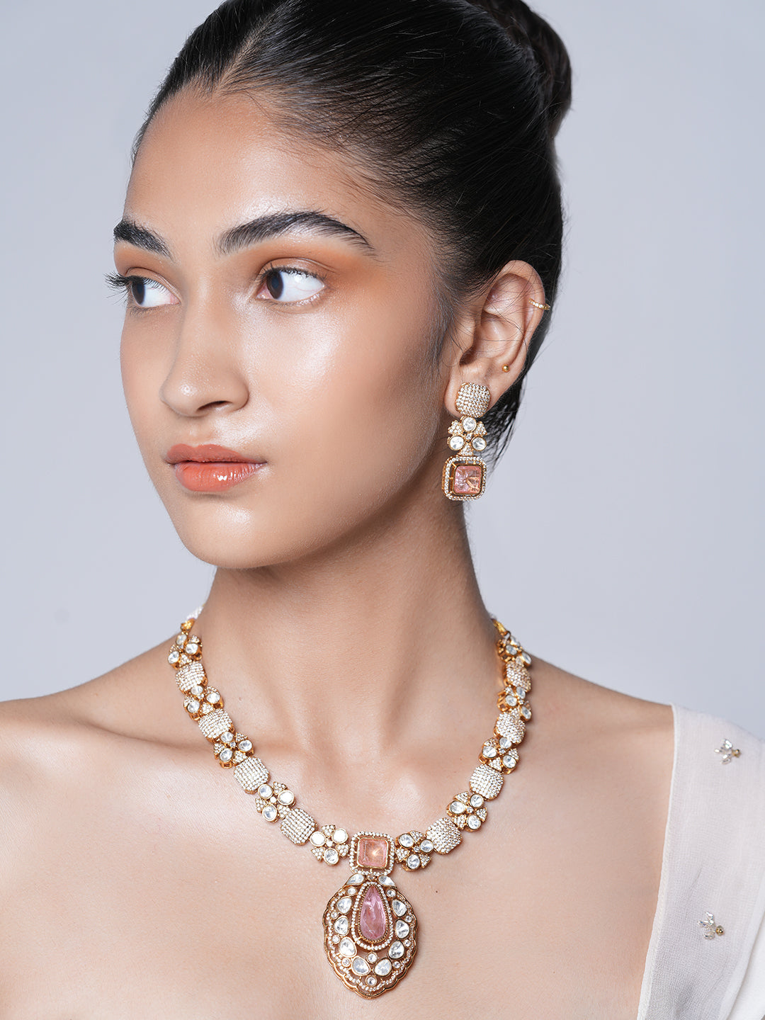 Baby Pink Necklace Set with Kundan Stones