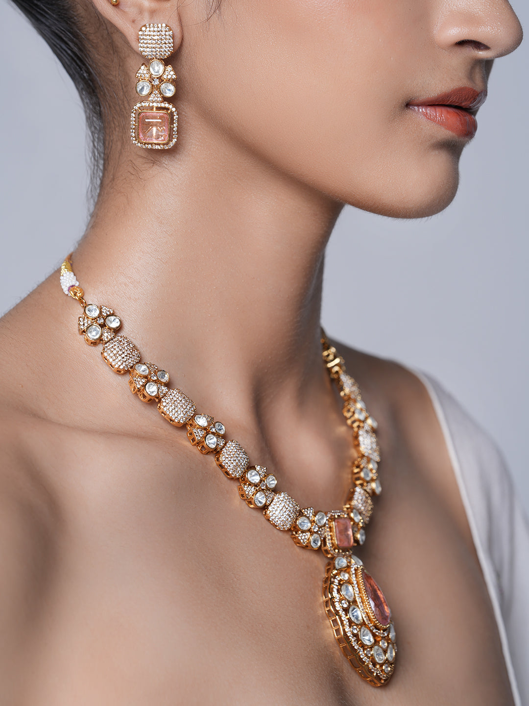 Baby Pink Necklace Set with Kundan Stones