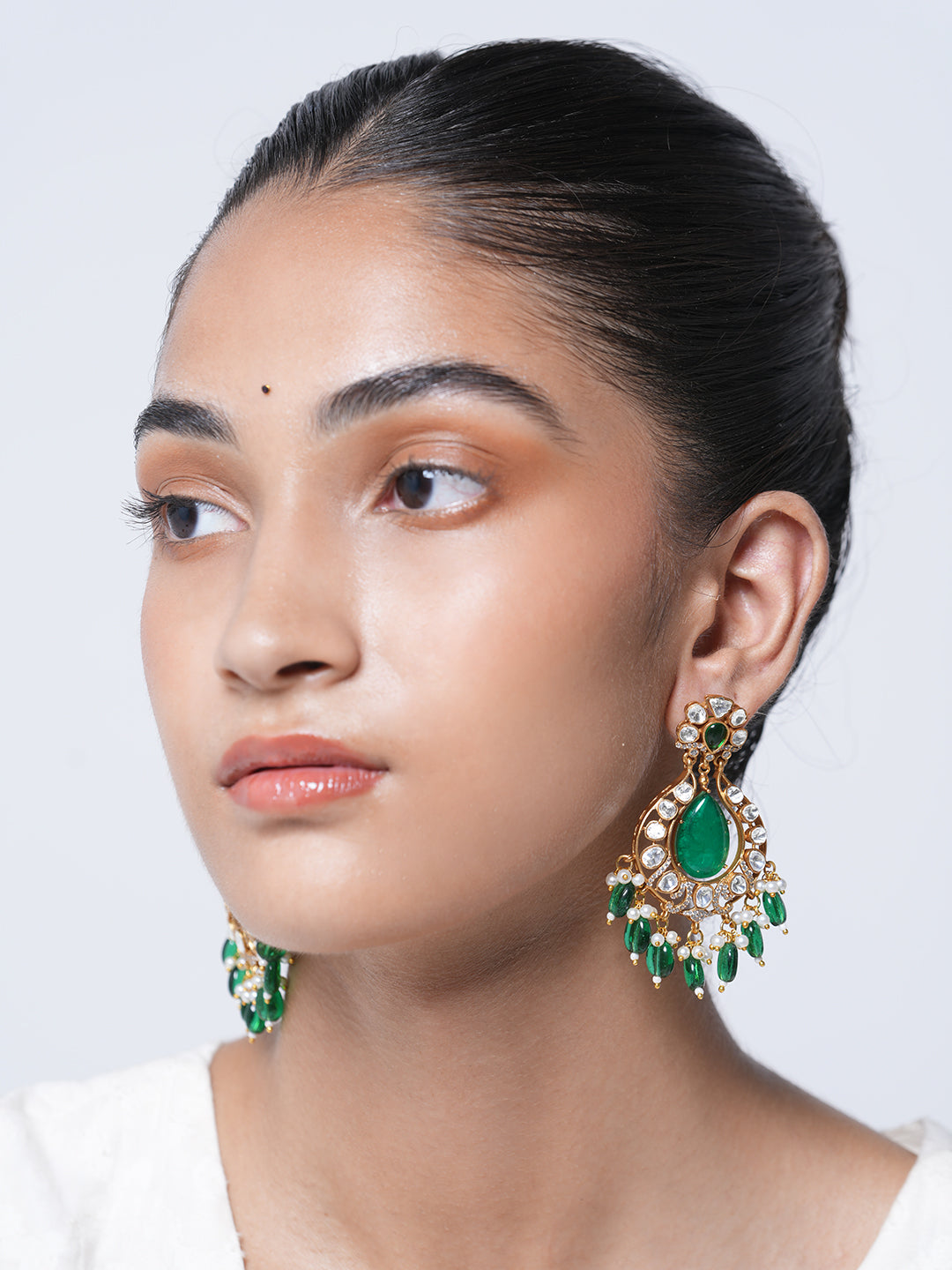 Long Green Colored Kundan Earrings