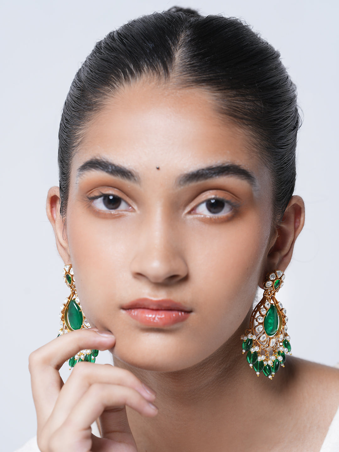 Long Green Colored Kundan Earrings