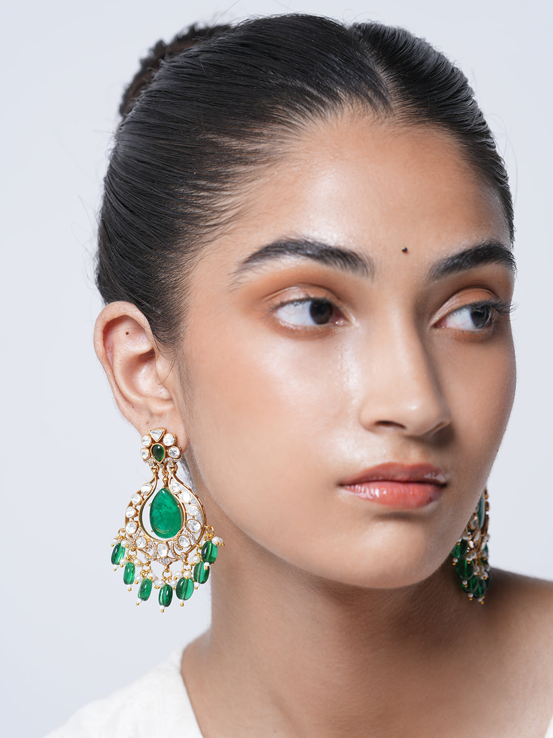 Long Green Colored Kundan Earrings
