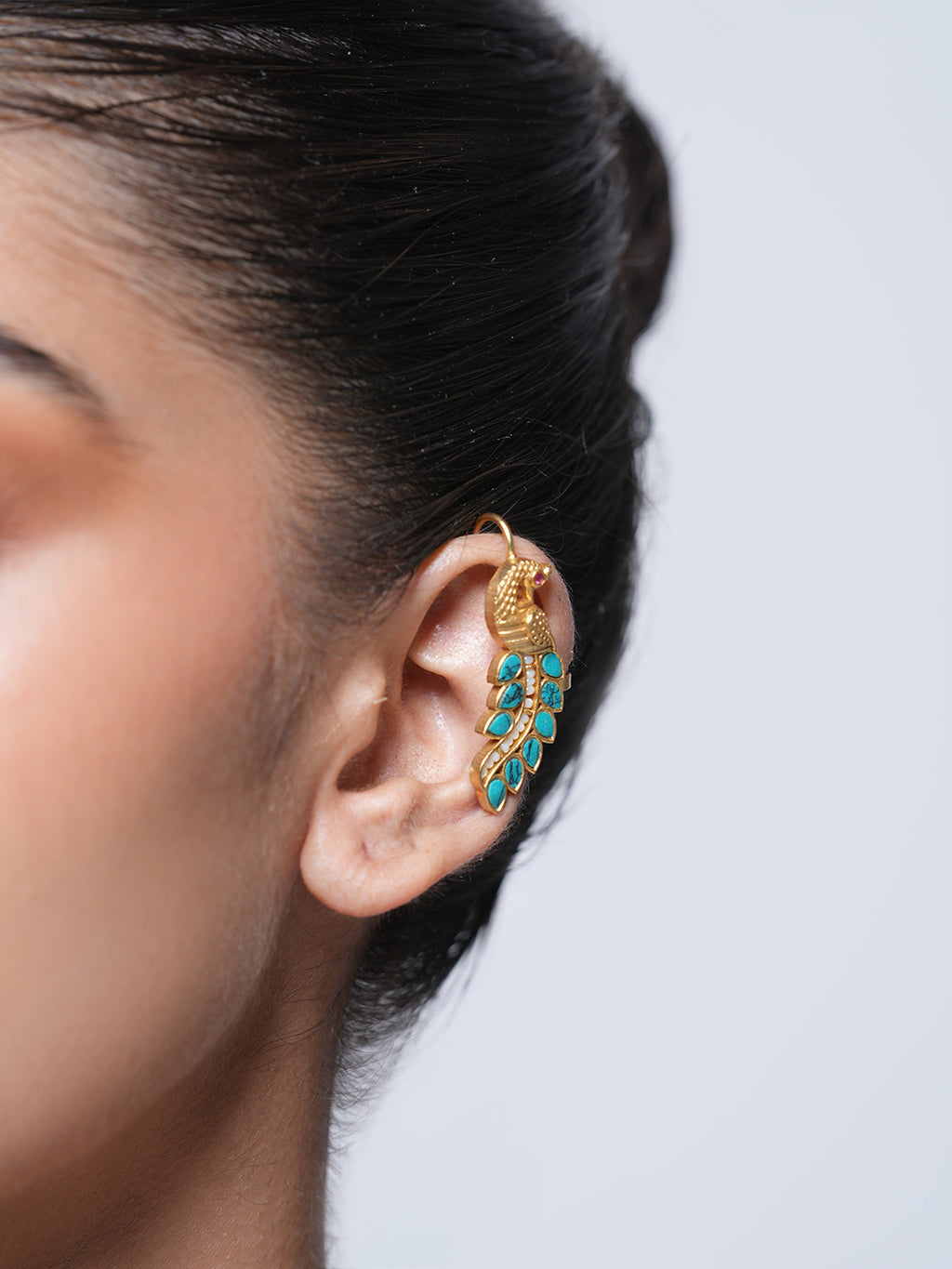 Designer Green Kundan Peacock Earcuffs