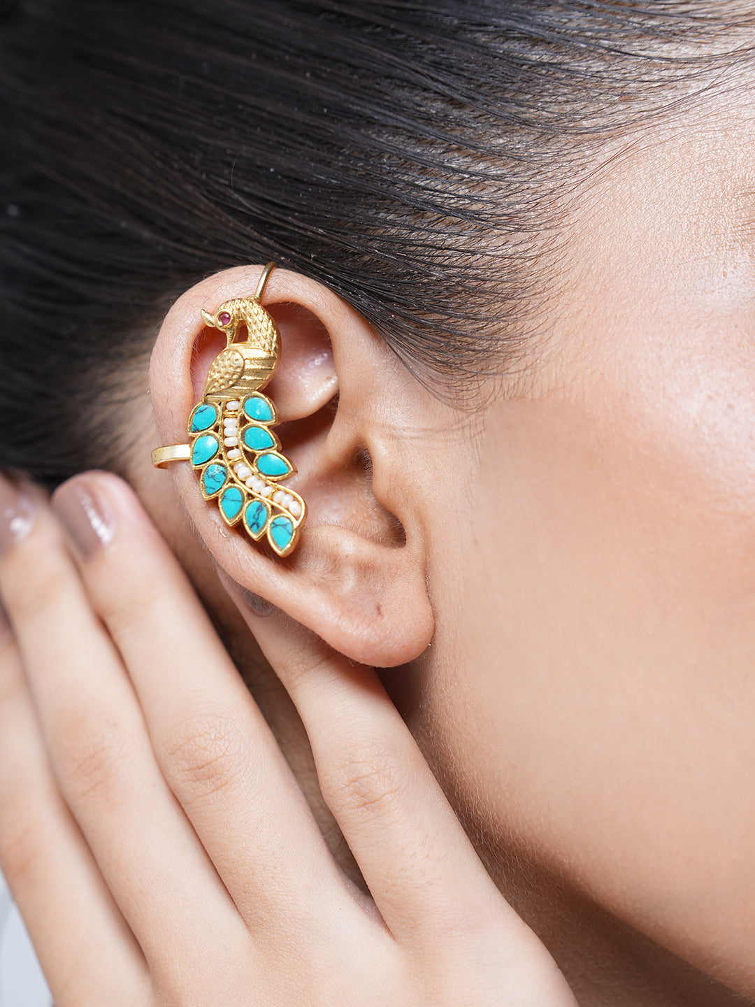 Designer Green Kundan Peacock Earcuffs