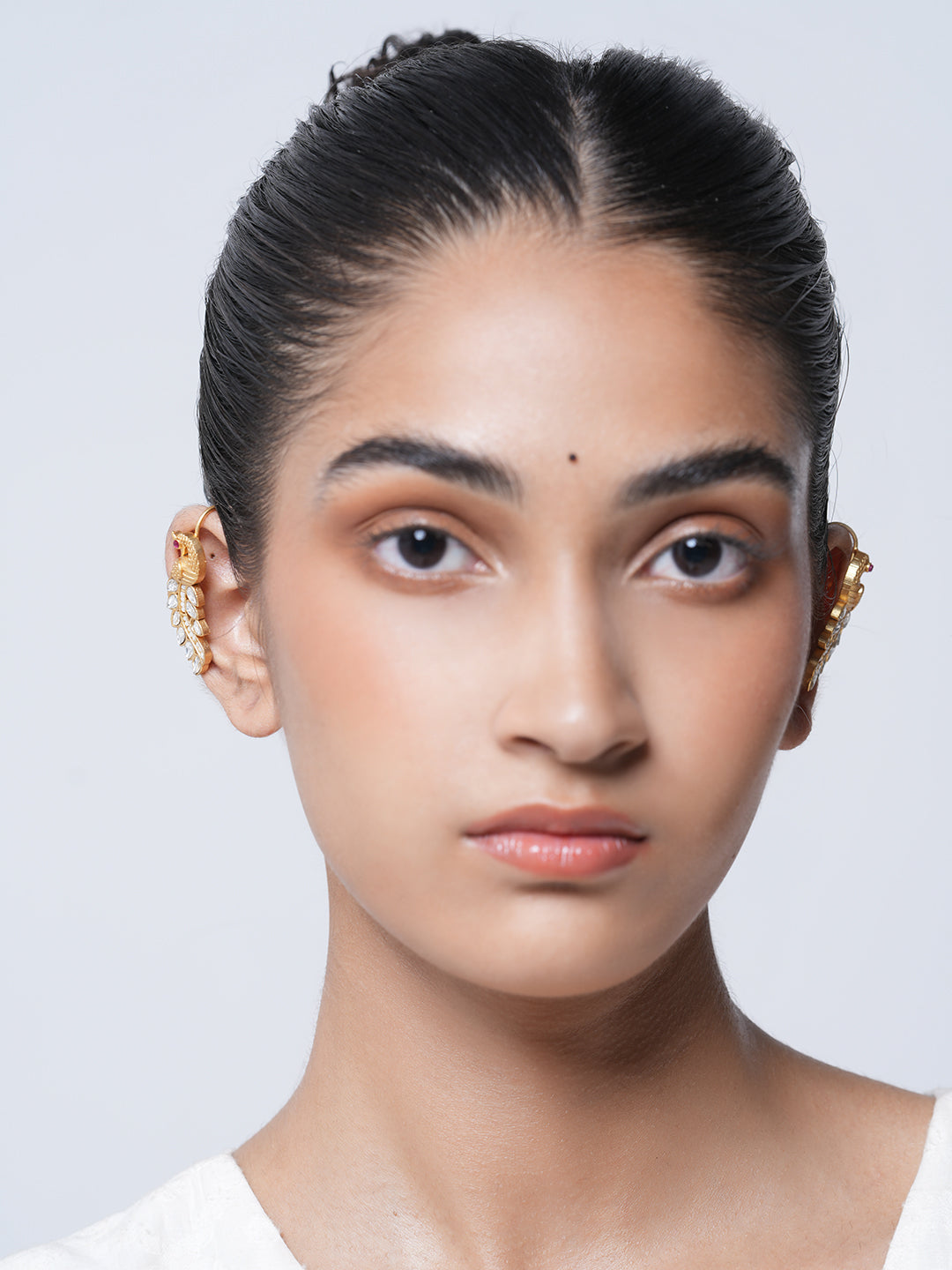 Designer White Kundan Peacock Earcuffs