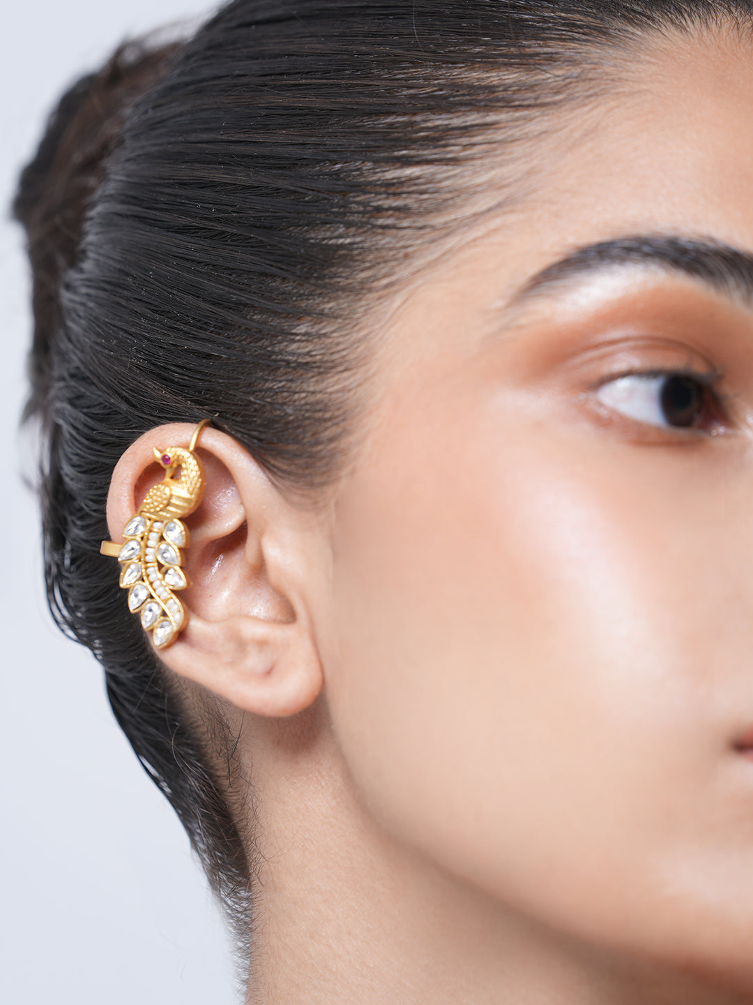 Designer White Kundan Peacock Earcuffs