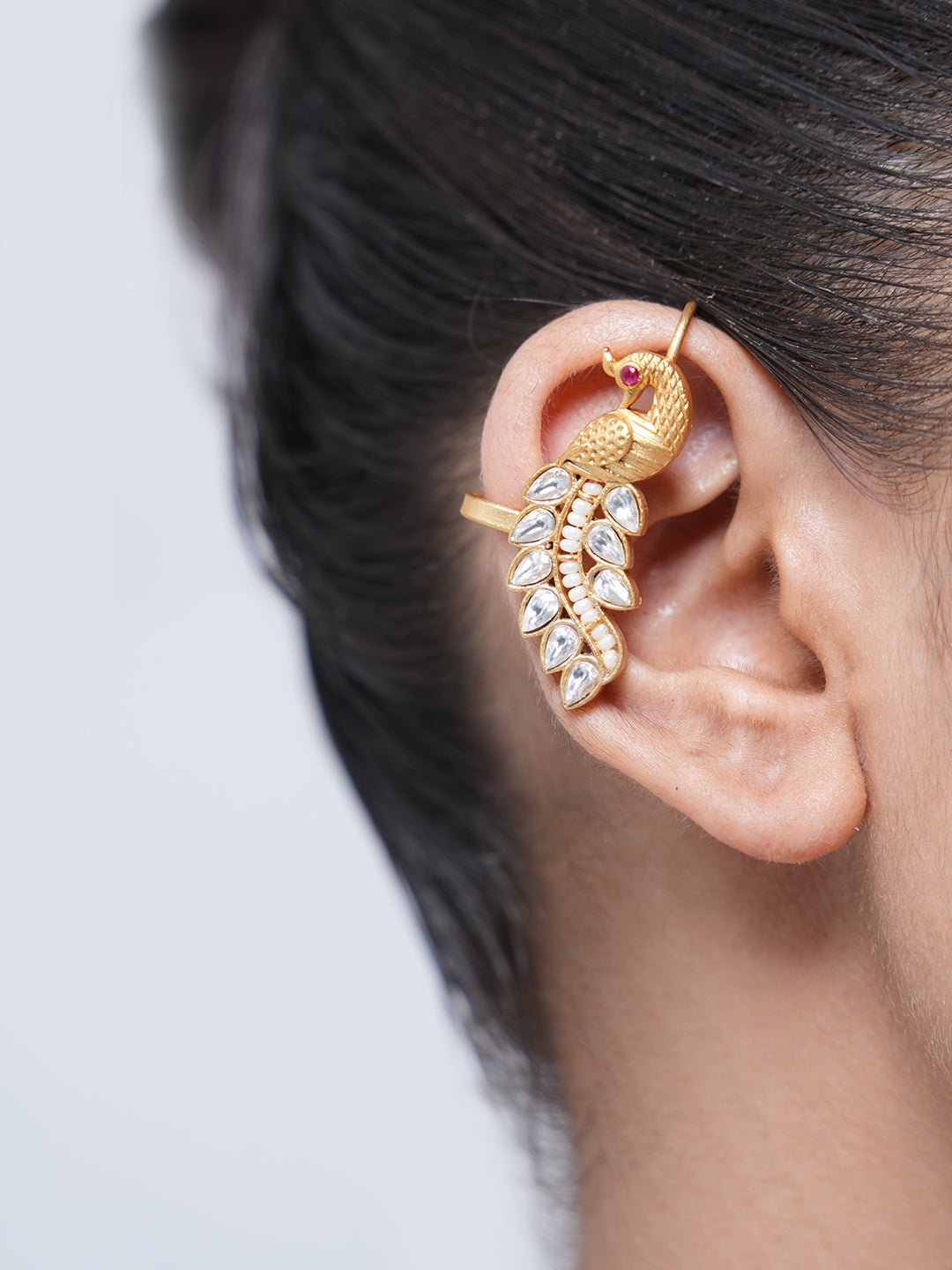 Designer White Kundan Peacock Earcuffs