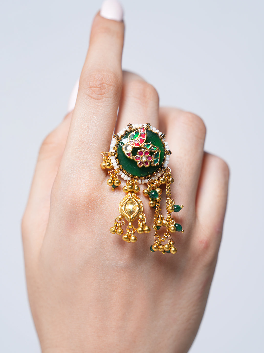 Long Green Heritage Ring with Ghungroo