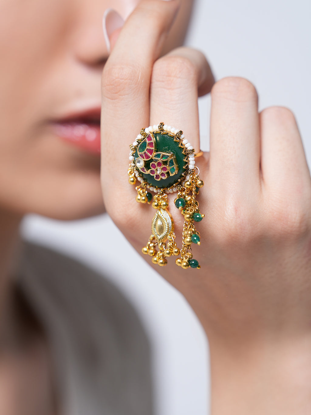 Long Green Heritage Ring with Ghungroo
