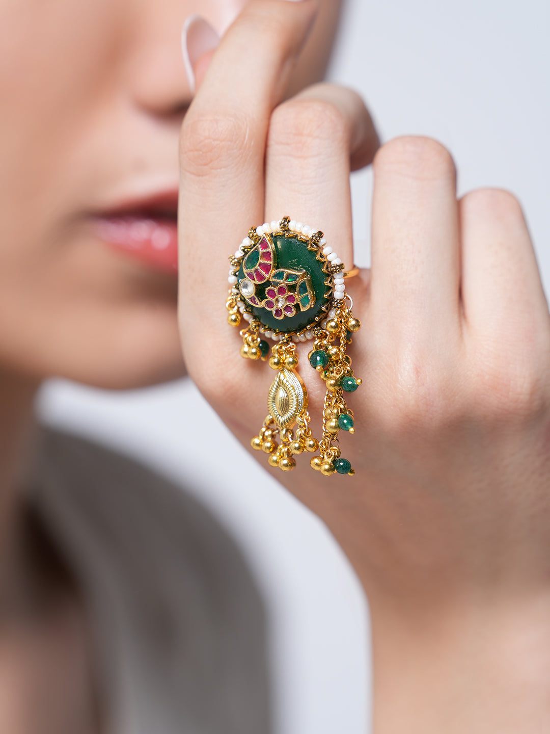 Long Green Heritage Ring with Ghungroo