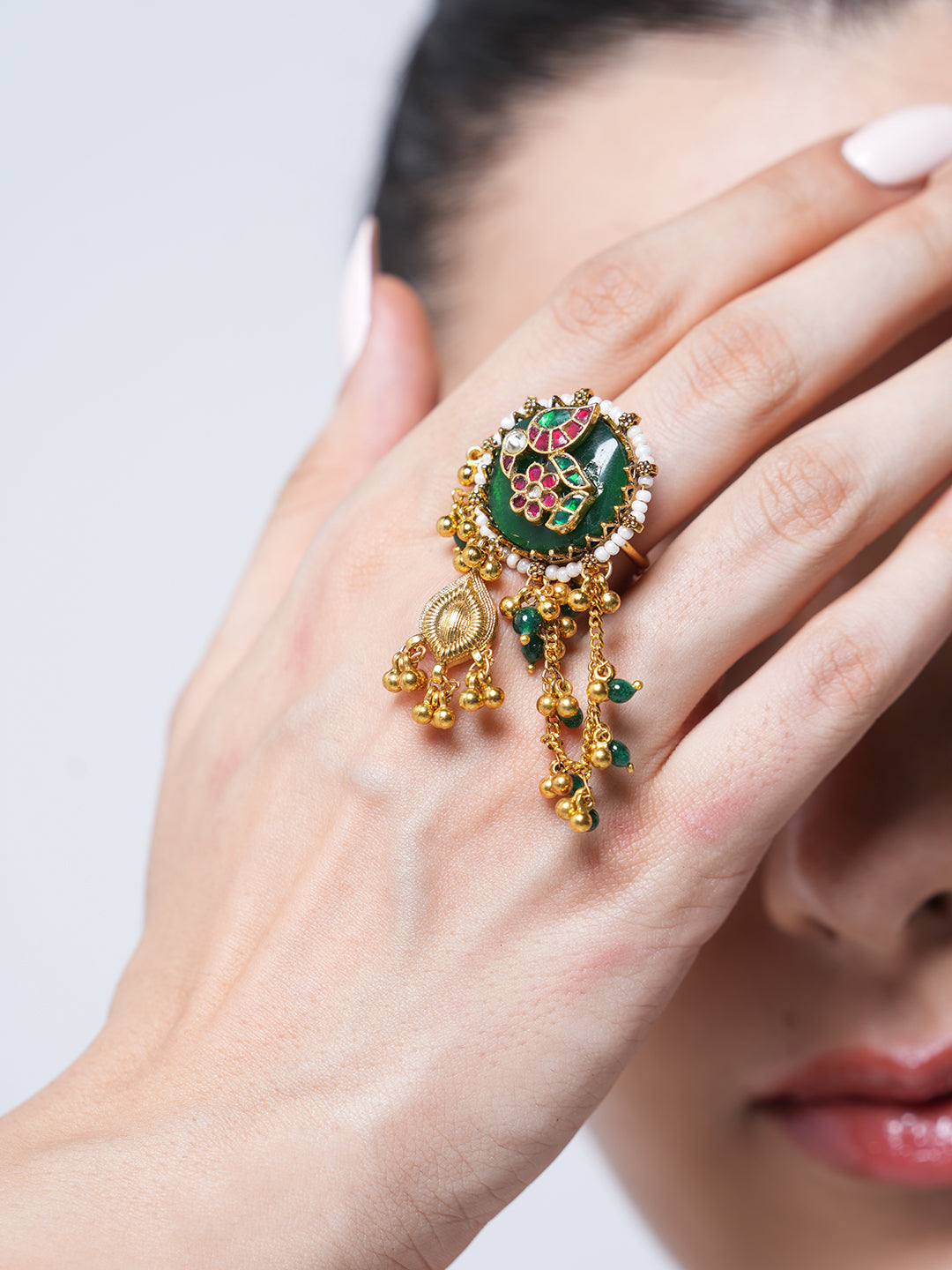 Long Green Heritage Ring with Ghungroo