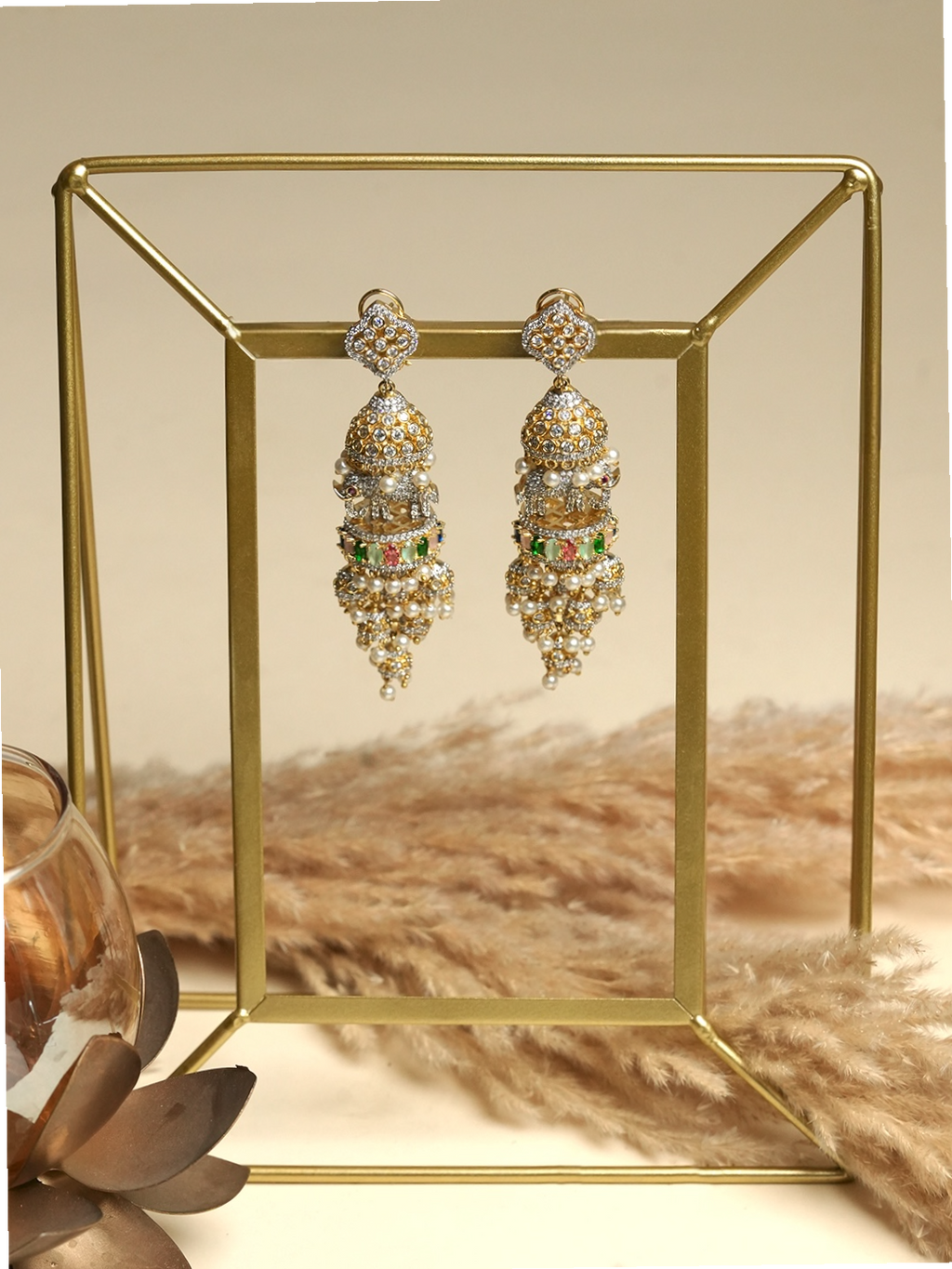 Multicolor Stone Designer CZ Elephant Earrings
